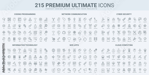 Program code and network communication, mobile app for media thin black line icons set vector illustration. Outline symbols of online video and TV, data protection and cloud computing, support