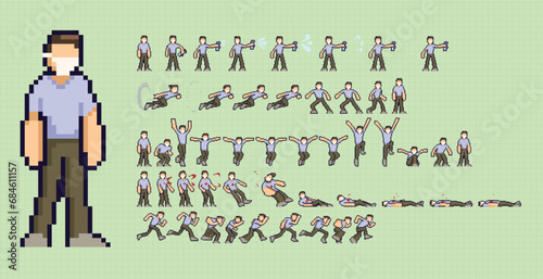 pixel art style illustration vector 8 bit 8-bit character set retro design game aseprite vintage man character mask animation set attack run jump hit death