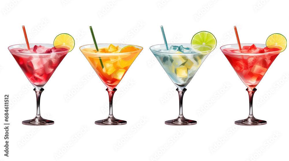 Set of Cocktail Glasses Isolated on Transparent or White Background, PNG