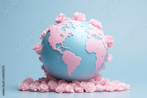 3d the Earth decorated for Valentine's day,  whit colored globe on a pink flowerbed, in the style of dark sky-blue and light azure