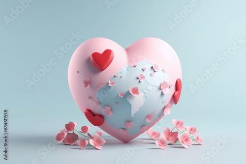 3d the Earth decorated for Valentine's day, globe with pink flowers on it, in the style of light blue and sky-blue