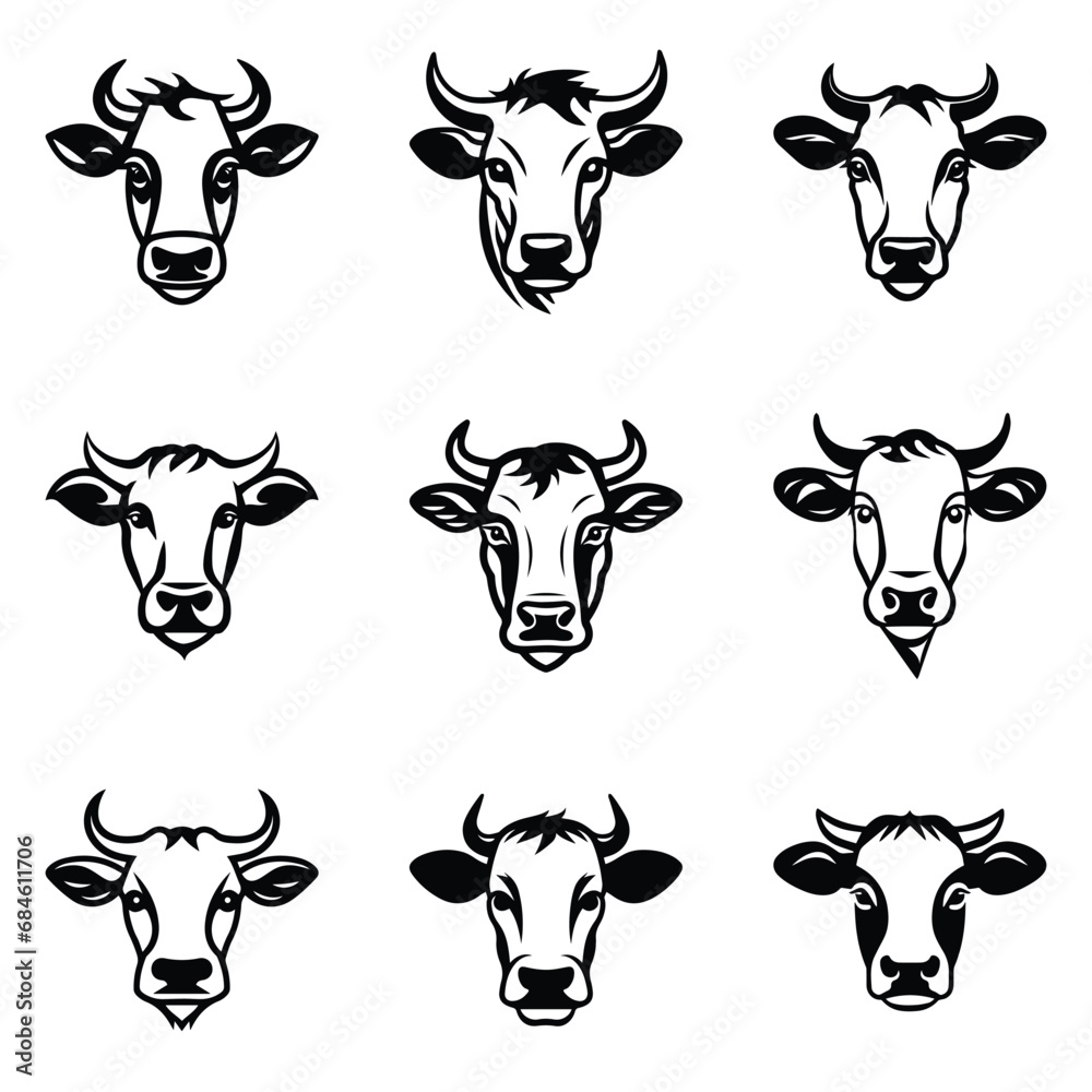 Cows Flat Icon Set Isolated On White Background