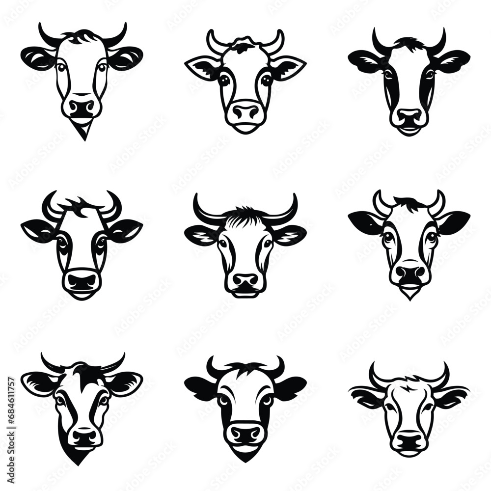 Cows Flat Icon Set Isolated On White Background