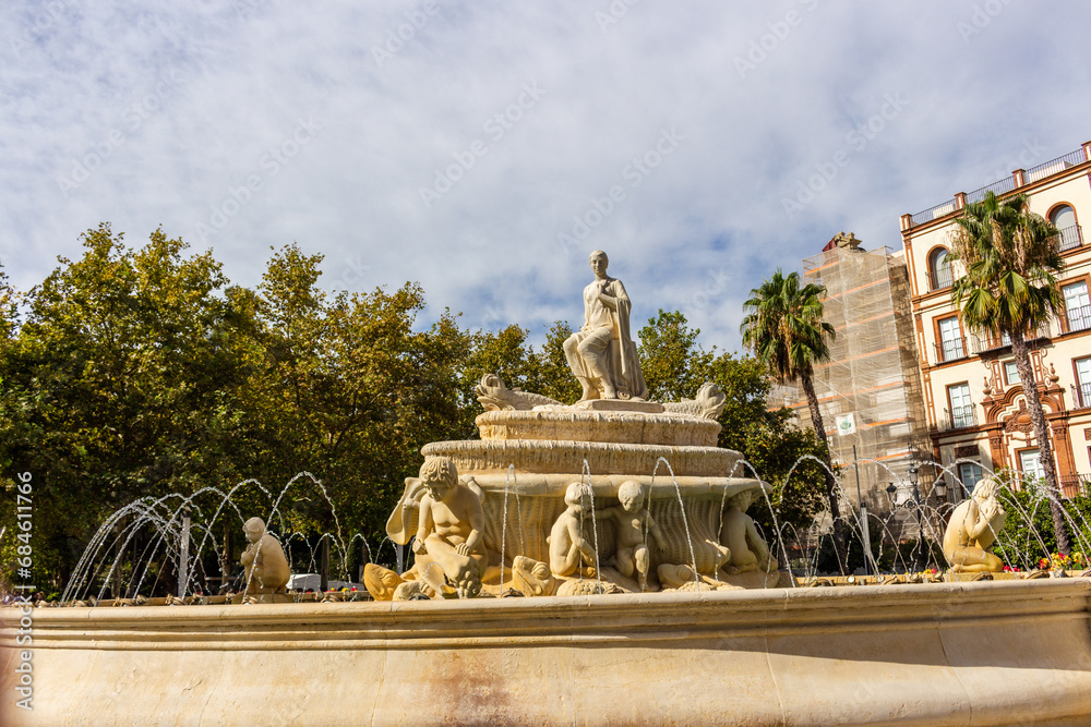 The Fountain of Hispalis (Fuente de Hispalis), located in the Puerta de Jerez, Seville, Andalusia, Spain.