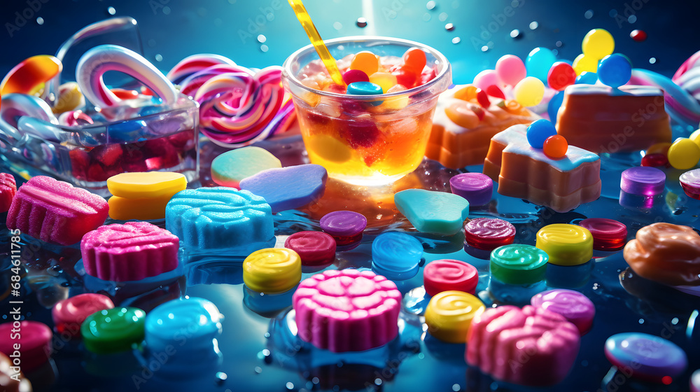 candies with jelly and sugar. colorful array of different childs sweets and treats. generative ai.