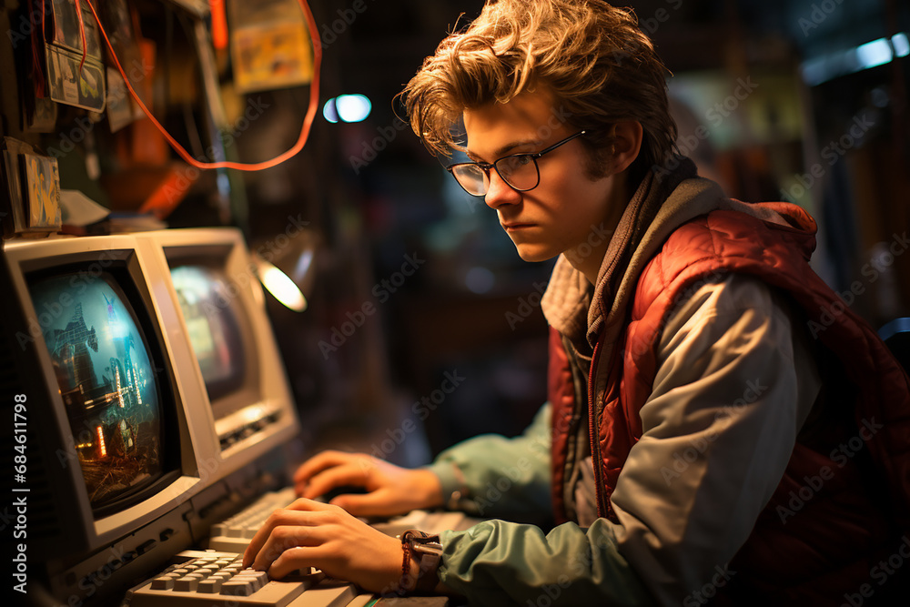 Computer geek of the 80s. A young man is working at a computer. Computer geek of the 80s. A young man is working at a computer.