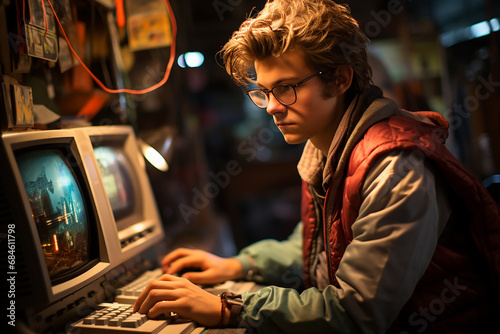 Computer geek of the 80s. A young man is working at a computer.