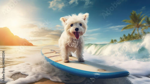 dog rides a surf board in the ocean water