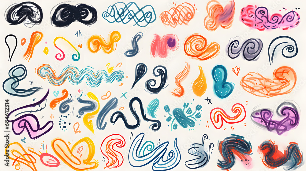 Charcoal pencil curly lines, colorful squiggles and shapes. Multi colored charcoal pencil scribble vector set. Hand drawn chalk smears and thin lines. Crayon sketch and Marker childish. generative ai. - obrazy, fototapety, plakaty 
