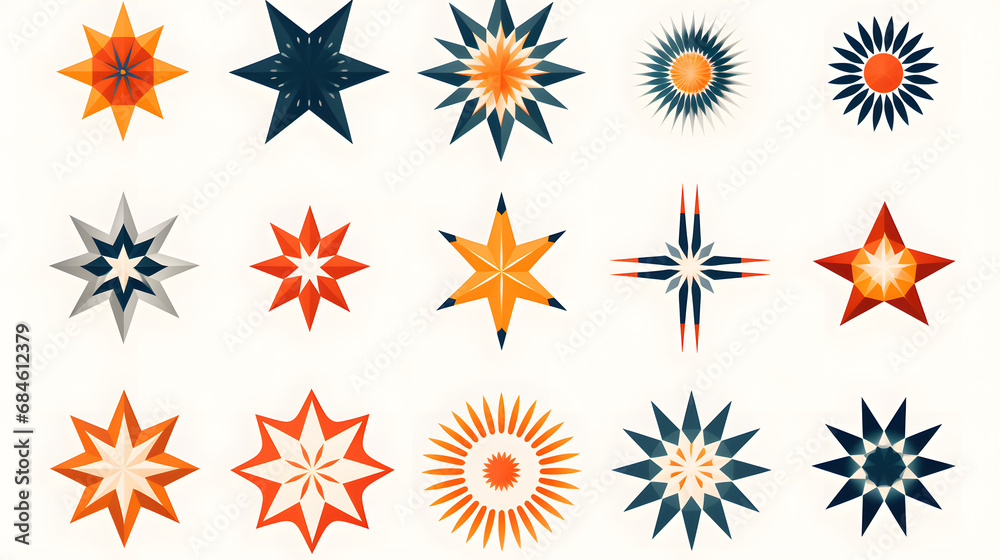 Collection of star and flower geometric shapes, inspired by Brutalism. Colorful, minimalist and abstract symbols. Isolated vector and decorative patterns. generative ai. Collection of star and flower geometric shapes, inspired by Brutalism. Colorful, minimalist and abstract symbols. Isolated vector and decorative patterns. generative ai.