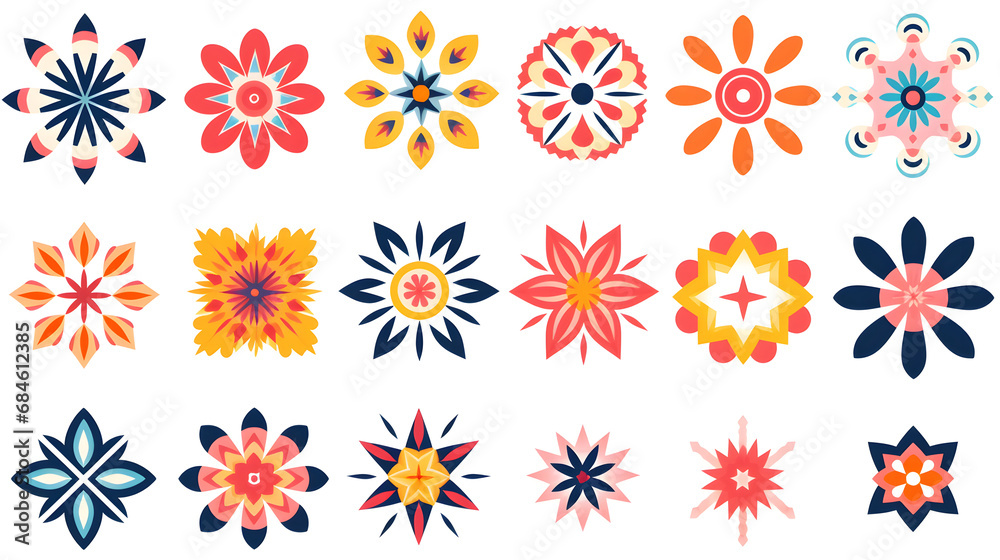 Collection of star and flower geometric shapes, inspired by Brutalism. Colorful, minimalist and abstract symbols. Isolated vector and decorative patterns. generative ai.