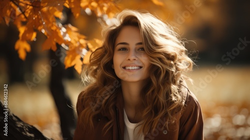 Close up young woman sitting in autumn park