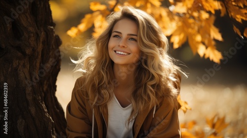 Close up young woman sitting in autumn park