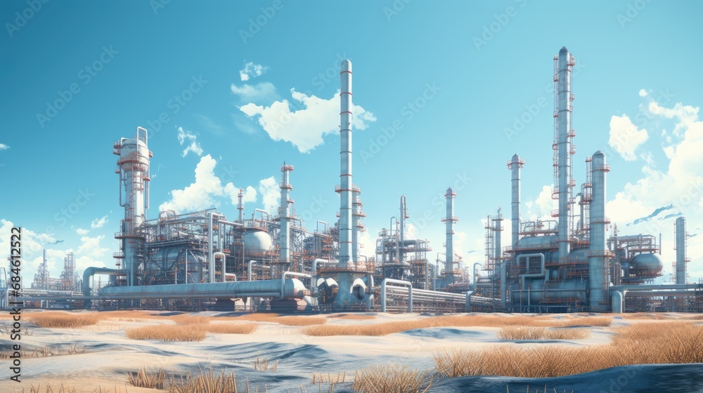 Modern petrochemical plants with complex piping systems, distillation towers and tanks Modern petrochemical plants with complex piping systems, distillation towers and tanks