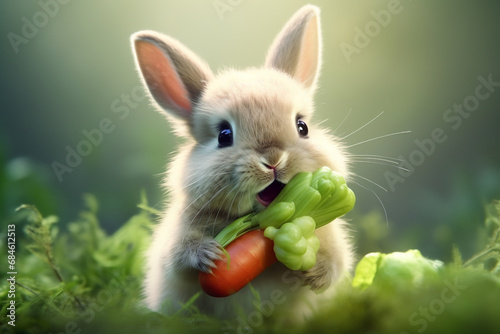 Cute baby rabbit eating vegetables photo