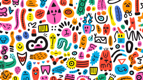 Colorful Children Marker Doodle Seamless Pattern Set. Collection of Childish freehand scribble and hand drawn marker shapes. Full Vector Background and Shapes collection. generative ai.