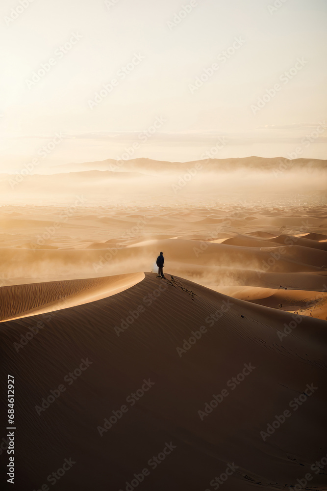 Obraz premium Magic landscape of golden sand dune in desert at sunset. A man walking on the ground, a traveler, a tourist, a resident of the desert.