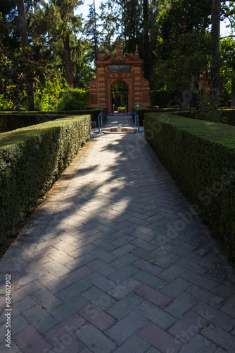 Seville, Spain, September 11, 2021: The Royal Palace of Seville (Real Alcazar). The Jardin de las Damas (Ladies’ Garden).