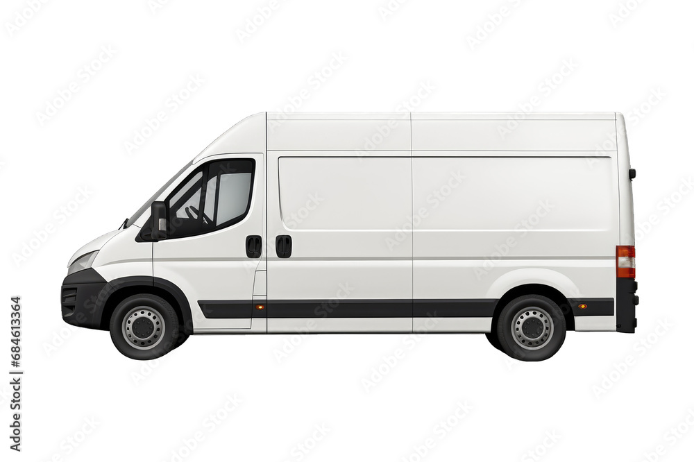 White delivery van side view blank mockup on cut out PNG transparent background. Blank van for design or vinyl