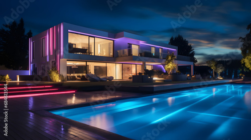 Modern villa with colored led lights at night. Nobody inside. generative ai.