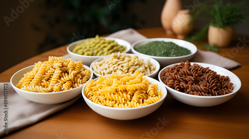 variety of fusilli pasta from different types of legumes. Gluten-free pasta. generative ai. photo