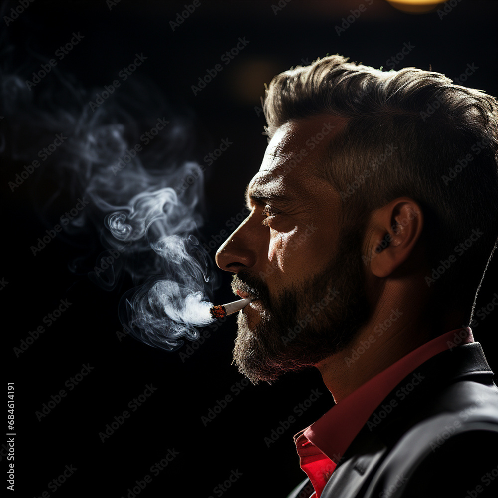 Fototapeta premium Portrait of a bearded man smoking a cigarette with smoke