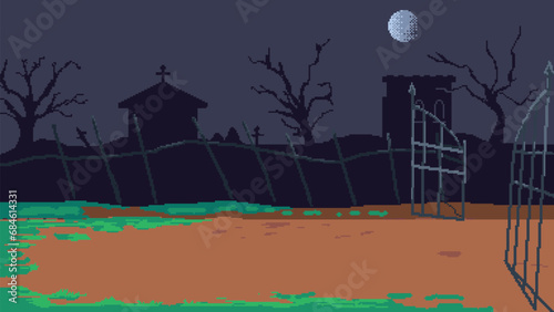 pixel art style illustration vector 8 bit 8-bit character set retro design game aseprite vintage graveyard background