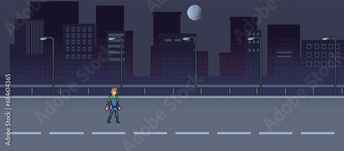 pixel art style illustration vector 8 bit 8-bit character set retro design game aseprite vintage street city night background