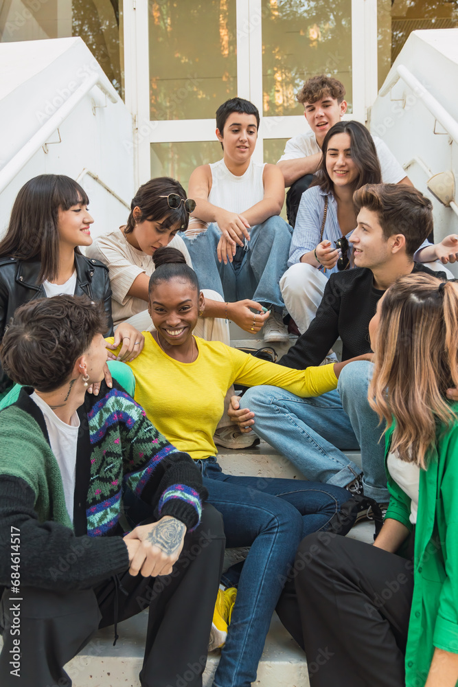 Group of happy diverse friends sitting on stairs of glass door entrance in daylight Group of happy diverse friends sitting on stairs of glass door entrance in daylight