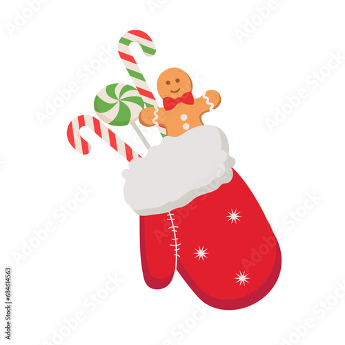 Christmas mitten with various traditional holiday ornaments ,snowflakes and Christmas sweets . Lollypops, candies,  gingerbread man. Red mittens with presents .