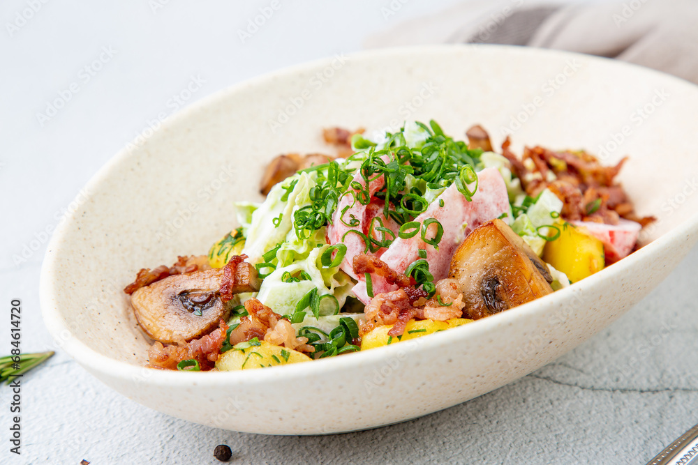 salad with potatoes, rice, meat and green onions side view salad with potatoes, rice, meat and green onions side view