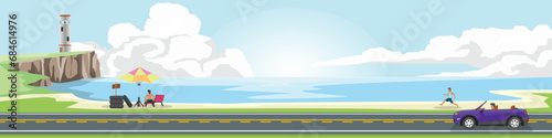 Cartoon transport travel for banner. Sport car with driving for travel.  Asphalt road near sea beach. With renting rubber tires with a canopy and people sitting on a raft. with lighthouse on the land.
