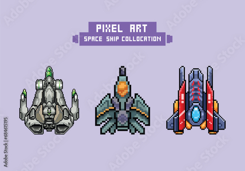 pixel art style illustration vector 8 bit 8-bit character set retro design game aseprite vintage spaceship photo