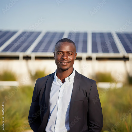 Portrait of young black businessman and sustainable business entrepreneur staring at the camera with solar farm and solar panels in the background. Isolated shot with bokeh © Goodwave Studio