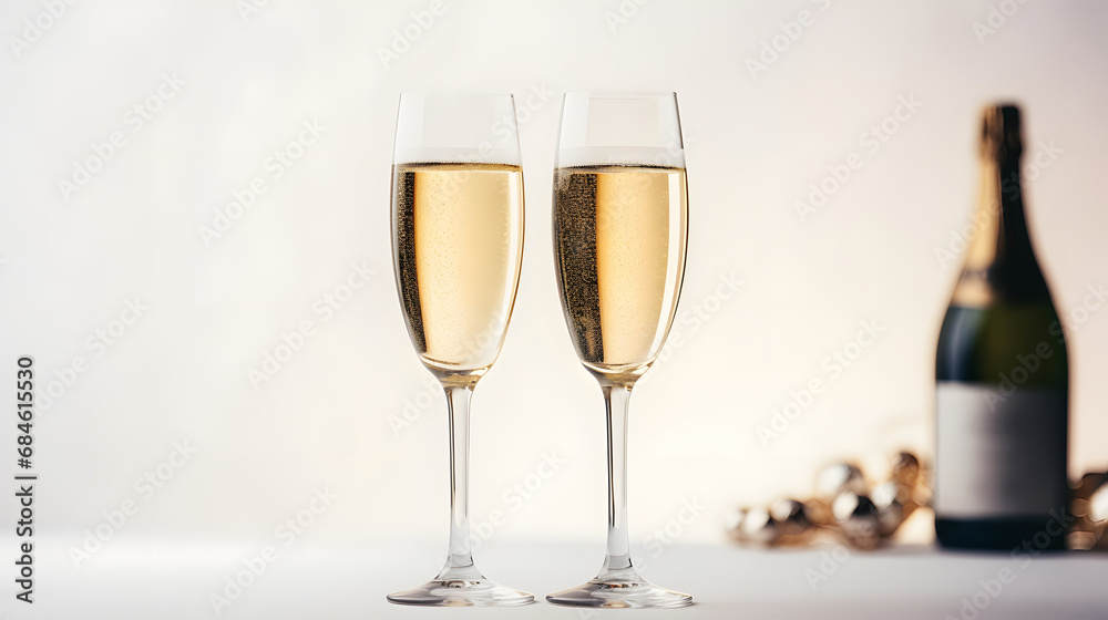 Two elegant champagne glasses with sparkling wine on a wooden table