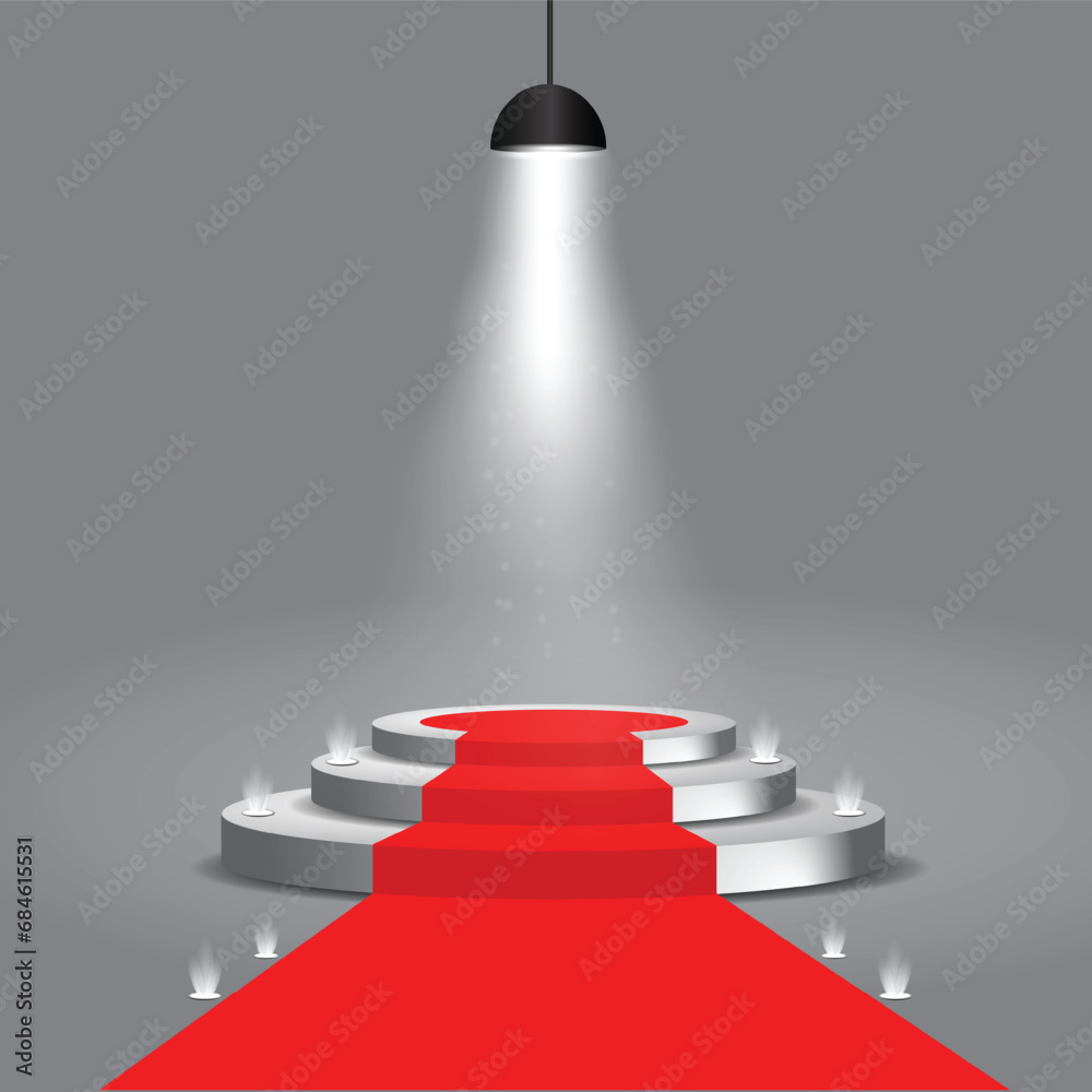 Obraz premium Stage podium with lighting, product 3d studio presentation stage. on red Background, Vector illustration