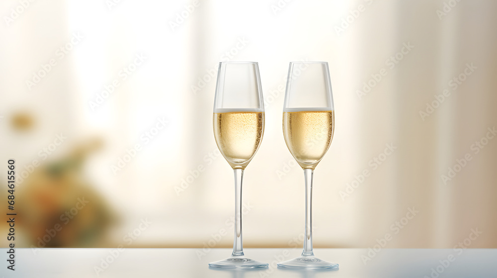 Two elegant champagne glasses with sparkling wine on a wooden table Two elegant champagne glasses with sparkling wine on a wooden table