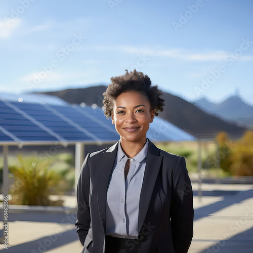 Portrait of young black businesswoman and sustainable business entrepreneur staring at the camera with solar farm and solar panels in the background. Isolated shot with bokeh © Goodwave Studio