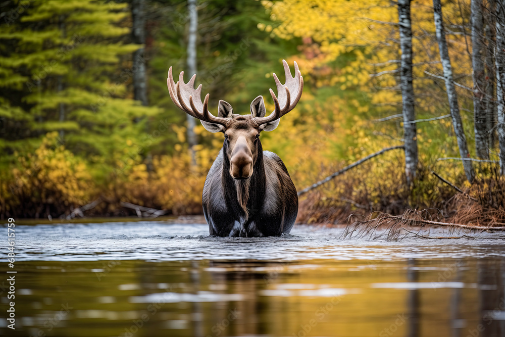 American moose Alces alces wading in water American moose Alces alces wading in water