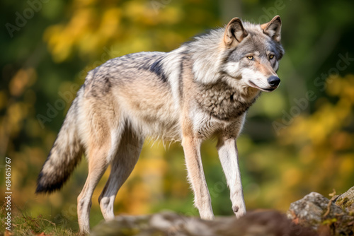 Gray wolf or grey wolf canis lupus close up