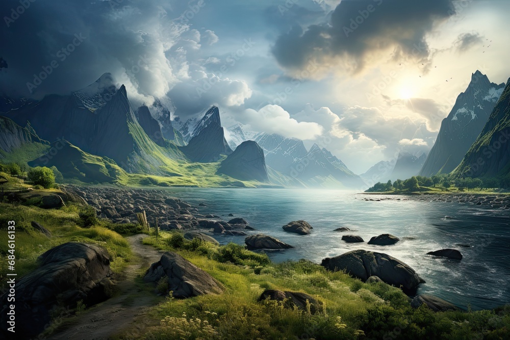 Landscape of Norway. Valley in the mountains with a river. The clouds descended onto the mountains.  Generative AI Art. Beautiful view.