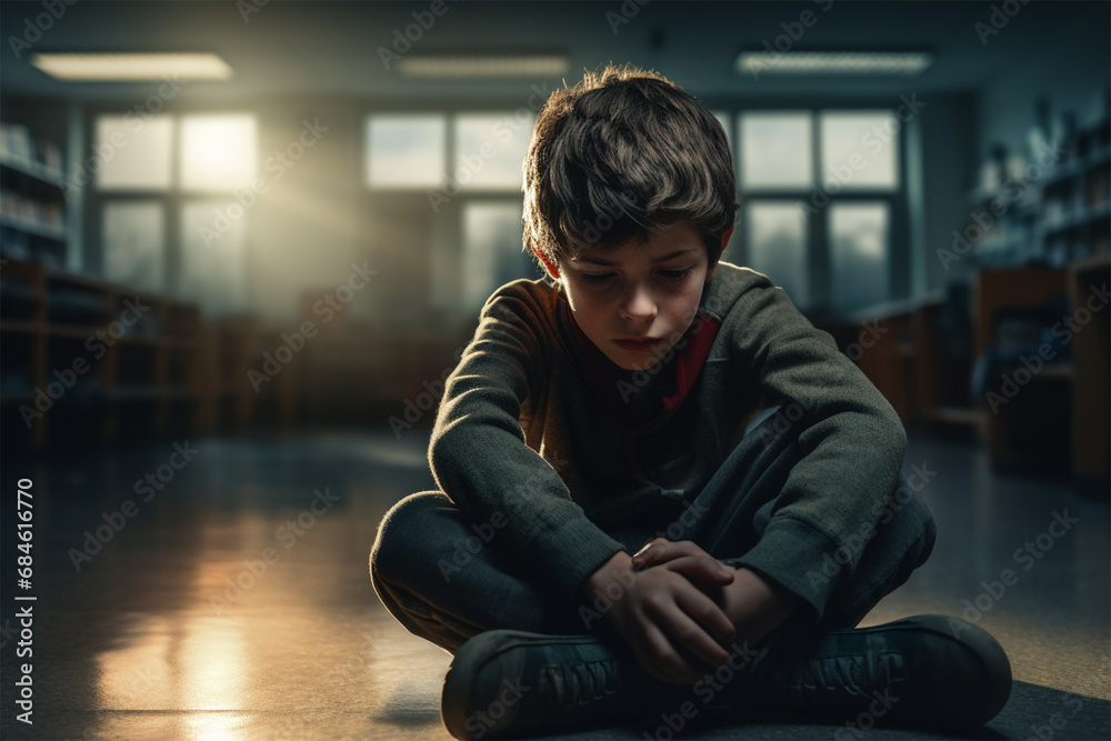 Upset boy sitting on the floor in the classroom Upset boy sitting on the floor in the classroom
