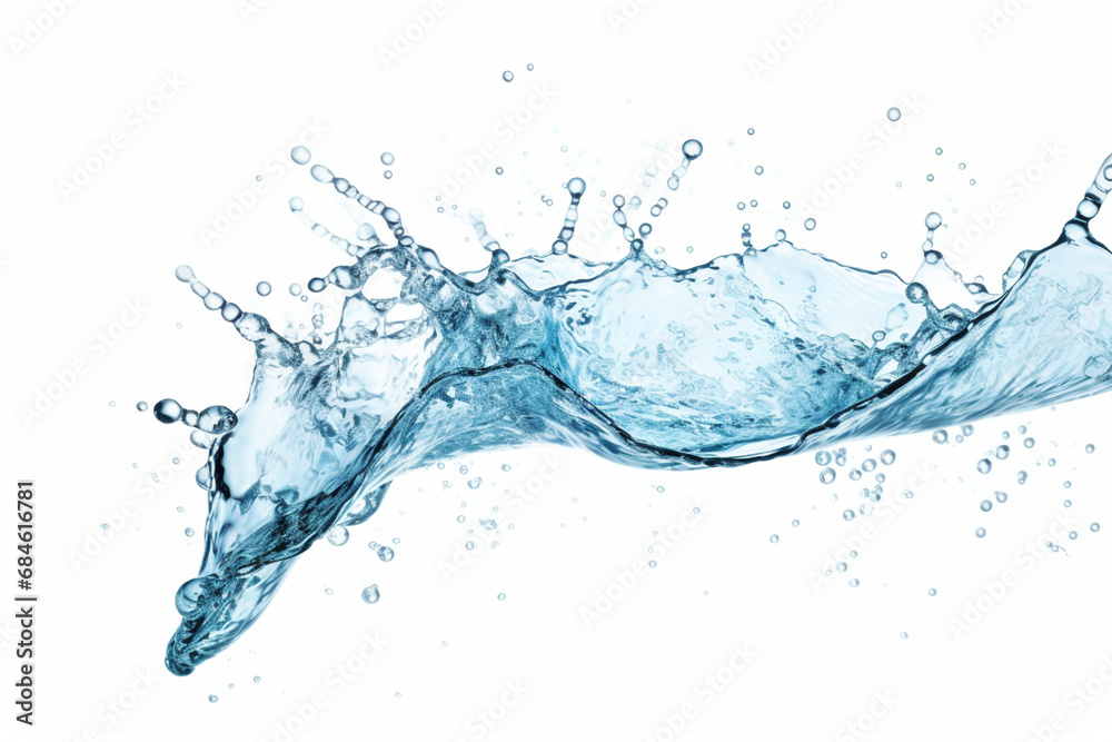 Blue water splash, water waves isolated on white background. Isolated water flow shapes with drops. Liquid splashing. Generative AI Blue water splash, water waves isolated on white background. Isolated water flow shapes with drops. Liquid splashing. Generative AI