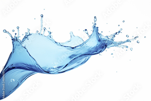 Blue water splash, water waves isolated on white background. Isolated water flow shapes with drops. Liquid splashing. Generative AI