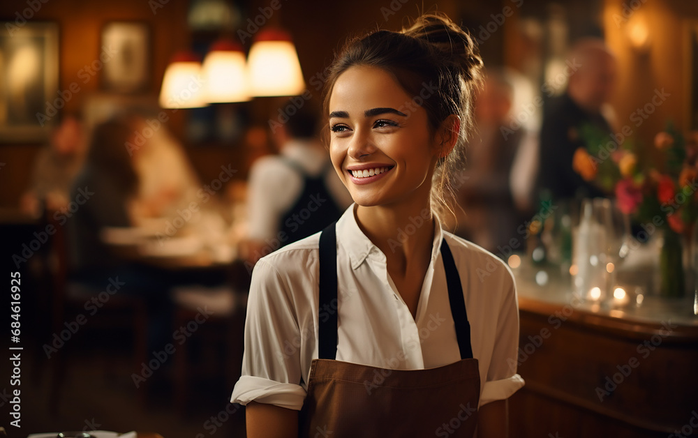 Fair-skinned brunette girl waitress in a restaurant. Woman welcoming guests having prosperous catering business concept. Fair-skinned brunette girl waitress in a restaurant. Woman welcoming guests having prosperous catering business concept.