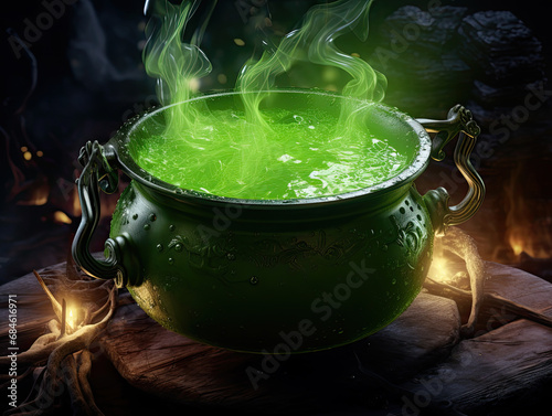 Moonlit grove, witch's brew: green potion bubbles, wooden spoon cackles