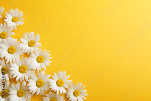 Chamomile on yellow background. Summer flowers concept. Flat lay, top view, copy space.