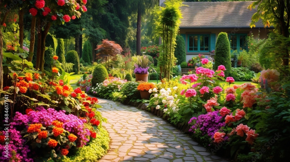 A well-maintained garden with vibrant flowers and lush greenery.