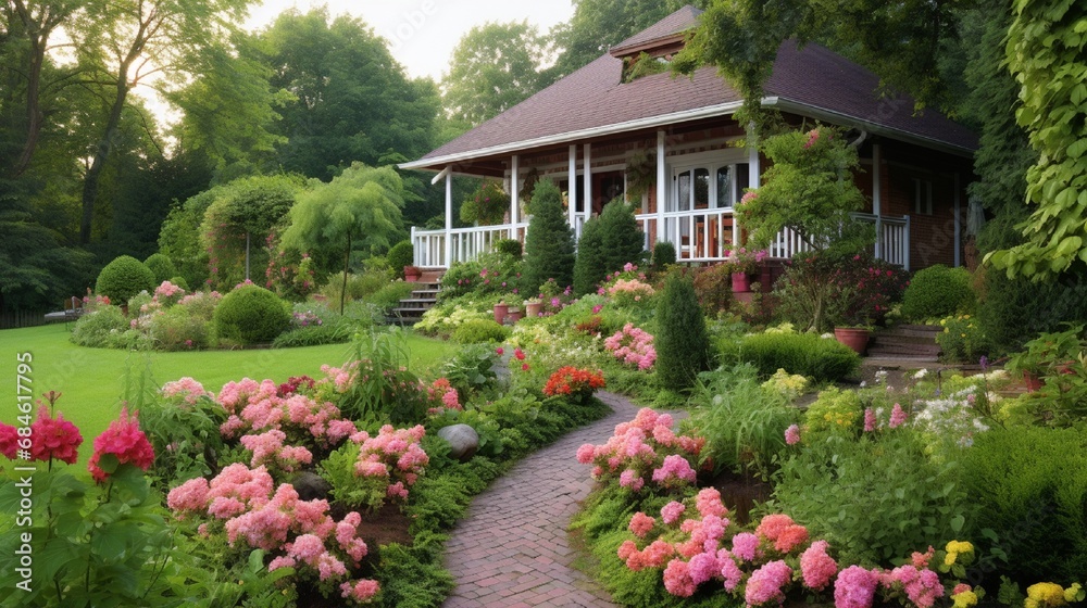 A well-maintained garden with vibrant flowers and lush greenery.