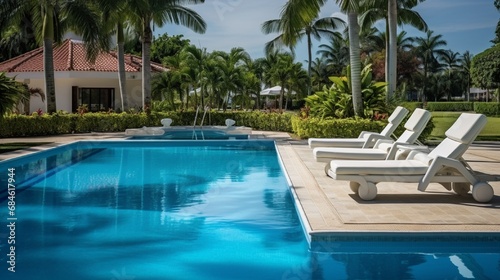 A well-maintained swimming pool with crystal clear water and lounge chairs.